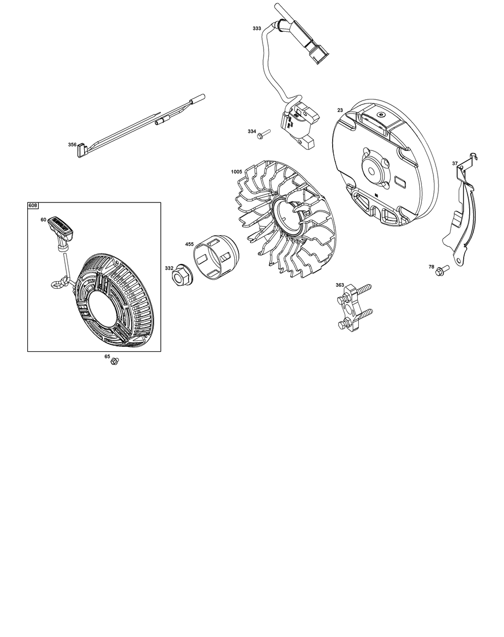 Flywheel, Ignition, And Starter Group Diagram and Parts List for 10V332-0003-F1 100000 - 19Z999 Briggs and Stratton Engine